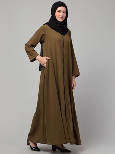 Image of Mallika Women Modest Wear Nida Matt Front Open Zipper Abaya Burkha for Everyday use (Light Brown, S)
