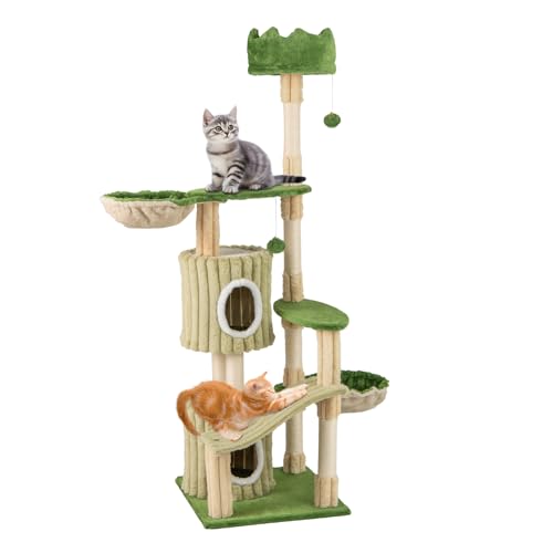 Tangkula 63 Inch Tall Cat Tree, Cute Green Cat Tower with 2 Condos, Plush Top Perch, 2 Basket Beds, Sisal Scratching Posts, 2 Dangling Balls, Slide Platform, Large Aesthetic Cat Tree for Indoor Cats
