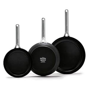 GreenPan Omega Hard Anodized Advanced Healthy Ceramic Nonstick, 8″ 9.5″ and 11″ 3 Piece Frying Pan Skillet Set, Anti-Warping Induction Base, Dishwasher Safe, Oven & Broiler Safe, Black