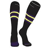 PEAR SOX Striped OTC Baseball, Softball, Football Socks (F) Black, Purple, Neon Yellow