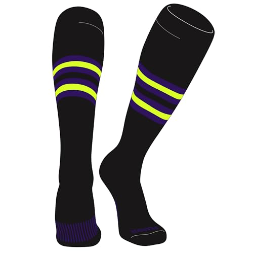 PEAR SOX Striped OTC Baseball, Softball, Football Socks (F) Black, Purple, Neon Yellow