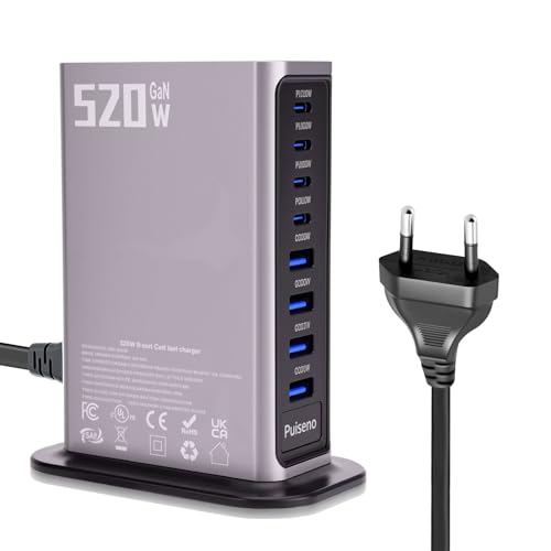 Puiseno 520W USB C Ladegerät Mehrfach 8 in 1 GaN Laptop Schnellladegerät Ladestation PD100W/QC30W (4C+4A) Kompatibel mit MacBook Pro/Air iPad iPh0ne HP Galaxy S25 usw (Grau)