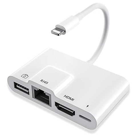 Lighting to HDMI Adapter & USB Female OTG Cable & RJ45 Ethernet LAN Wired Network Adaptor 4 in 1 1080P Digital AV OTG Ethernet Adapter with Charging Port Compatible Phone13/12/11/XS/XR/X/8/7/Pad Cover