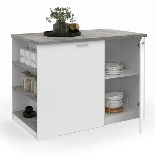 IDMarket - Ilot Central TIBO 120 cm Bois Blanc avec Plan de Travail façon béton