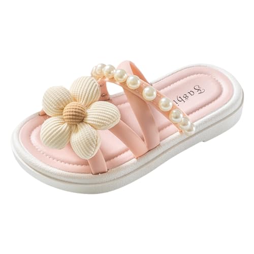 Girls Slippers Kids Toddler Cute Flower Pearls Criss Cross Straps Flats Summer Beach Outdoor Open Toe Slides Sandals