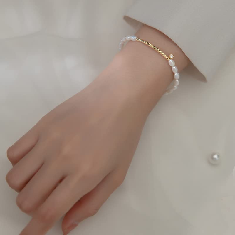 Dainty 14K Yellow Gold Pearl Beaded Bracelet,Freshwater Cultured White Pearl Bracelet for Women,Gift for Mom,Girlfriend,Wife3