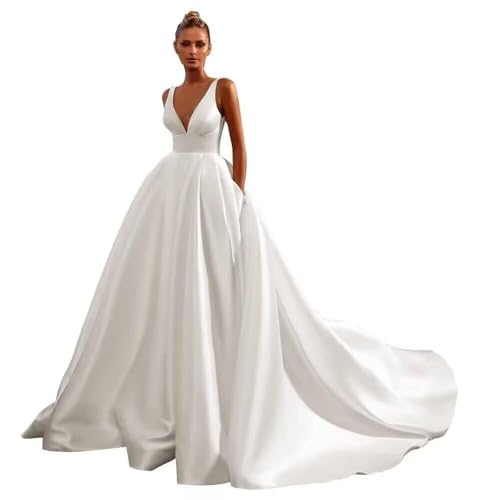 Women's Long Simple Satin Wedding Dress for Bride A Line Floor Length Wedding Gowns for Women