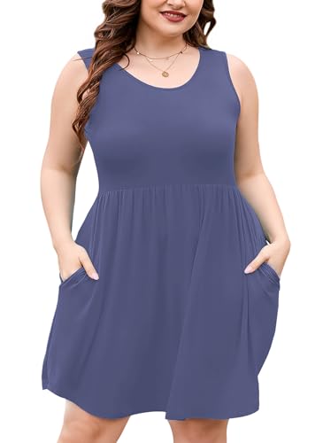 Image of AusLook Plus Size Summer Tank Dress for Women Casual Sleeveless Crewneck Pleated Babydoll Swing Sundresses with Pockets 1X-5X
