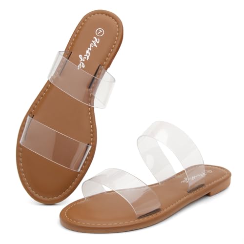 Image of Herstyle Flat Sandals for Women, Double Strap Slide Sandals, Open Toe Slip On, Comfortable Cushioned Footbed Casual Summer Shoes for Daily Wear, Beach, Vacation, Clear Options