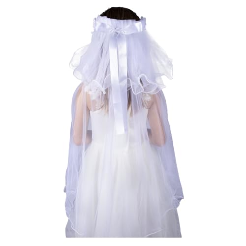 Needzo White Tulle First Communion Veil for Girls, 32 Inches (Faux Pearls and Ribbons)2