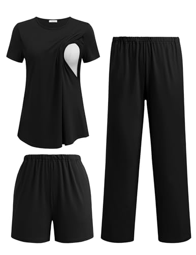 Image of Ekouaer 3 Piece Maternity Pajamas Set Postpartum Nursing Short Sleeve Breastfeeding Sleepwear Pregnancy Shorts & Pants Pjs