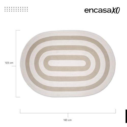 Image of Encasa XO Oval Braided Area Rug for Living Room & Bedroom | Cotton Blend Reversible Floor Carpet | Handwoven Natural Fiber Boho Room Decor | Washable | Beige & Off-White-1 (122x183 cm) | 4x6 Ft