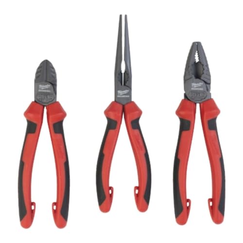 Milwaukee Pliers Set Side Cutters 160 mm, Long Bench Round Pliers, Combination Pliers 180 mm, 3-Piece, Red