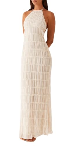 Image of Women Summer Halter Neck Maxi Dress Flowy Ruffle Tiered Sleeveless Sundress Boho Backless Spaghetti Strap Long Dress