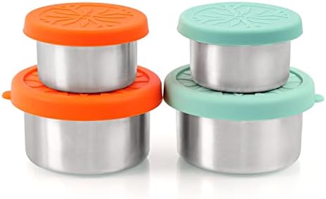 Stainless Steel Condiment Containers – 4 PCS Salad Dressing Containers with Food Grade and Leakproof Silicone Lids – 2×3.4oz +2×1.8oz for Snacks, Desserts, Souffle, Baby Food