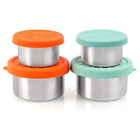 SUKKI Stainless Steel Condiment Containers - 4 PCS Salad Dressing Containers with Food Grade and Leakproof Silicone Lids - 2x3.4oz +2x1.8oz for Snacks, Desserts, Souffle, Baby Food Cover