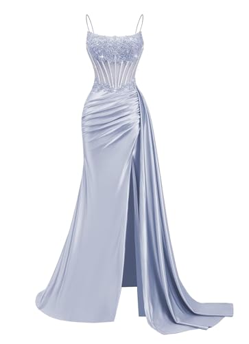 WISIYLE Vestido largo de satén con cuentas para mujer, estilo sirena, plisado, tirantes delgados, vestidos de noche con cola DSJ055, morado, 40