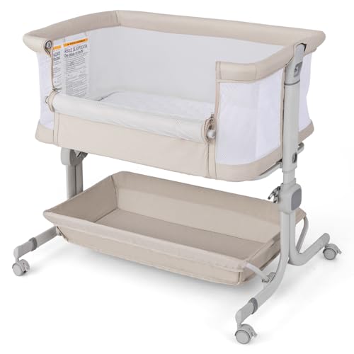 COSTWAY Cuna Colecho, Mini Cuna para Bebe con Altura Ajustable de 6 Niveles, Estante, Ruedas Bloqueables, Colchón y Bolsa de Transporte (Beige)