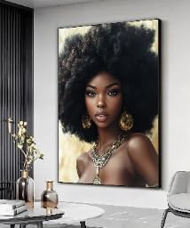 YUSUZHU Black Woman Portrait, Black Woman Gold Earrings Artwork, Afro Woman Wall Art, African Woman Necklace Wall Decor, Canvas(60x90cm/Frameless)
