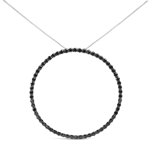 .925 Sterling Silver 5.0 Cttw Black Diamond Open Hoop Circle 18" Pendant Necklace (Black Color, I2-I3 Clarity)