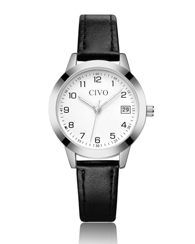 CIVO Klein Lederarmband Damenuhr Schwarz: Einfach Analog Datum Armbanduhr Damen - Wasserdicht für Arbeit und Freizeit - Modebewusste Frauen
