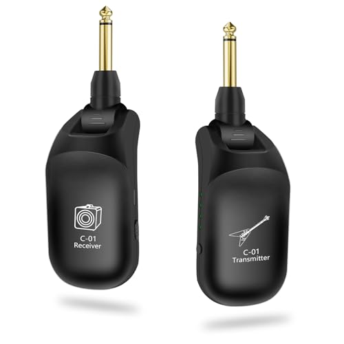 Sistema Inalámbrico UHF para Guitarra C01 (Transmisor y Receptor) - Recargable, Audio 24-bit/48KHz, Alcance de 50 m, 4 Canales, Latencia <0.04 ms para Instrumentos Musicales Eléctricos miniatura 1