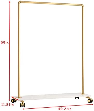Gold Metal Clothing Rack with Wood Shelf, Heavy Duty Rolling Garment Rack with Wheels for Bedroom Retail Boutique Use (49.21L inches)