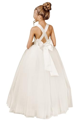 JISISANG Ivory Satin Birthday Party Pageant Dress for Girls Boho Floor Length Flower Girls Tutu Dresses Princess Backless First Communion Formal Dress Ball Gown with Bow Knot Ivory 08