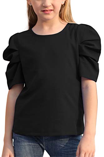 Image of GORLYA Girl's Puff Sleeve Casual Solid T-Shirt Pullover Keyhole Back Blouse Tops for 4-14T Kids