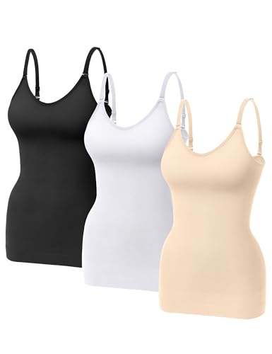 KIKIMINK Womens Shapewear Tank Tops Tummy Control Seamless V-Neck Spaghetti Strap Body Shaper Compression Slimming Camisole - Black White Skin Large