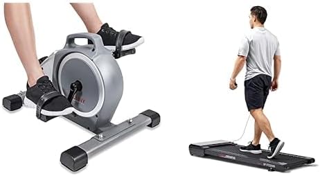 Sunny Health & Fitness Under Desk Mini Exercise Cycle Bike + Sunny Health & Fitness Sleek Stride Smart Compact Auto Incline Treadpad Treadmill