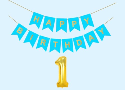 Image of 1st Sky Blue Happy Birthday Decoration Kit for 1 year Old Boys Girls Baby with Number One Party Decorations Decor Celebration Items Item Set Combo Reusable Paper Banner