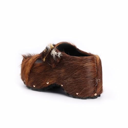 Image of XOBZJH Long-Hair Calfskin Chunky Clog Slide for Women - Memory Foam Luxury Slip on Shoes Women's Mules & Platform Clogs,Designer Mules for Women 2025