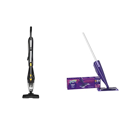 EUREKA Home Lightweight Stick Vacuum Cleaner, Powerful Suction Corded Multi-Surfaces, 3-in-1 Handheld Vac, Blaze Black and Swiffer WetJet Hardwood and Floor Spray Mop Cleaner Starter Kit
