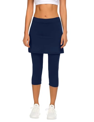 PINSPARK Skorts for Women High Waist Tennis Skirt with Shorts Underneath 2 in 1 Running Skort Sommer Gym Golf Skirt with 3/4 Tight Capris Yoga Leggings Navy Blue L