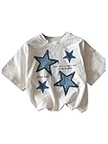 RoseSeek Women's Star Graphic Letter Print Tee Tops Casual Crewneck Short Sleeve T Shirt White Medium