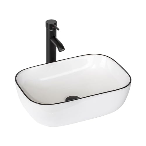 KGAR Bathroom Vessel Sink with Faucet Combo, 18' x 13' White Ceramic Above Counter Basin with Black...