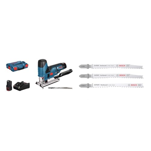 Bosch Professional 12V Stichsäge GST 12V-70 (inkl. Akkus und Ladegerät, in L-BOXX) + 3x Stichsägeblatt Set Expert ‘Hardwood 2-Side Clean‘ (Küchenarbeits-, Kunststoffbeschichtete Platten, L 117 mm)