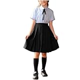 Girls Preppy Style Short Sleeve Collared Necktie Shirt with Pleated A-Line Skirt Cute 3 Piece Outfits for 3-15 Years