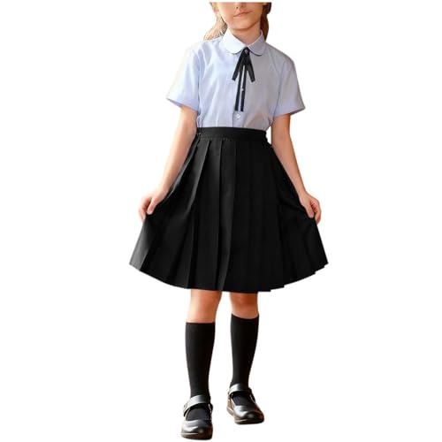 Girls Preppy Style Short Sleeve Collared Necktie Shirt with Pleated A-Line Skirt Cute 3 Piece Outfits for 3-15 Years