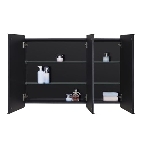 Image of IDYLLOR Bathroom Mirror Medicine Cabinet with Round Corner Framed Door 36 x 26 inch, Black,Recessed or Surface Mount, with Adjustable Glass Shelves