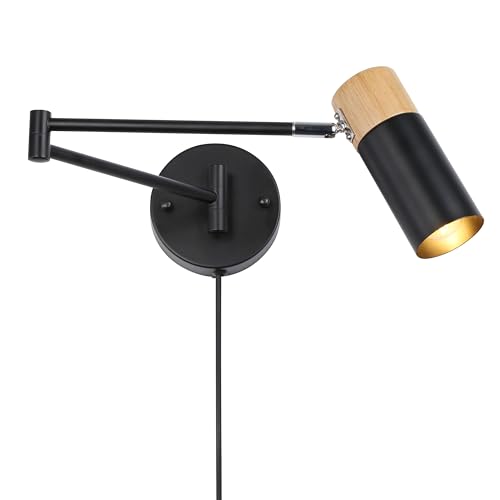 Image of SUNLLOK Modern Black Swing Arm Plug in Wall Sconce - Industrial Adjustable Wood Ceiling Hanging Wall Light Fixture - Indoor Rustic Reading Wall Mounted Lamp Decoration for Living Room Kids Bedroom