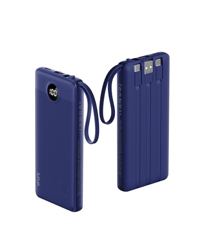 VRURC Portable Charger, Built in 4 Cables & Lanyard Power Bank 10000mAh, Compact USB C Phone Charging Bank 5 Outputs for Multi Devices,Travel Essential for Hiking Camping Business-Navy(1 Pack)