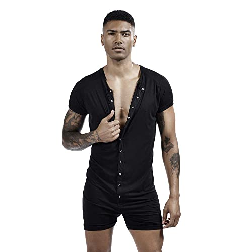 Mens Onesie Pajamas Henley Jumpsuit Adult Underwear Stretchy Silk Romper Pajamas Sexy Lounge One Piece Pajamas Black L
