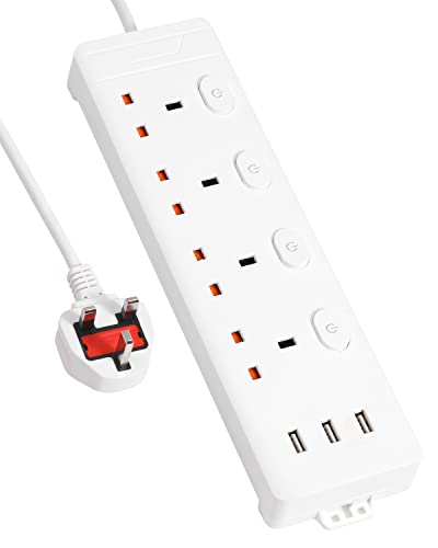 Pixezo Extension Lead with USB Slots | Surge Protected with 4 AC Outlets and 3 USB Ports (2.4A/12W) | Wall Mountable 3M Long