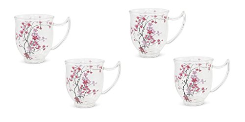 TeaLogic 4er Teetassen, Becher, Glas, Cherry Blossom, 0,35L, transparent rosa
