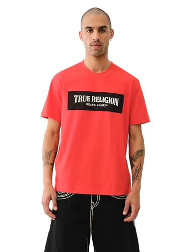 True Religion Men's Short Sleeve Mesh Box Logo Tee - Casual Crew Neck T-Shirt-Flame Scarlet, XXL
