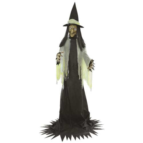 Riethmüller Animatronic XXL Hexe 300 cm - Halloween Deko innen - Party Gothic Figur lebensgroß - Animiert leuchtende Augen drehender Kopf Sound & Bewegungssensor - 3 Sprachen