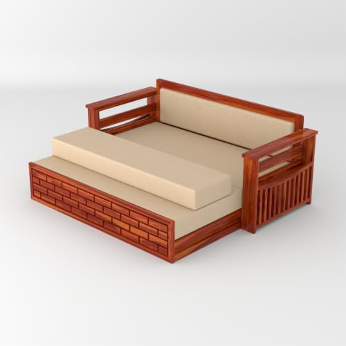 Image of Solid Sheesham Wood Sofa Cums Bed with Mattress & Storage | Rosewood Convertible Sofa Bed for Living Room & Bedroom (E-Honey, 3 Seater)