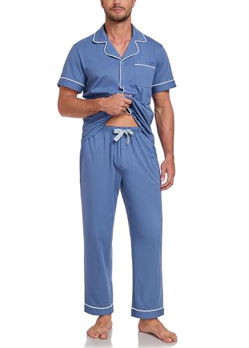 Image of COLORFULLEAF 100% Cotton Mens Pajamas Set Short Sleeve Loungewear with Long Pants Button Down Sleepwear Soft Comfy Pj for Men